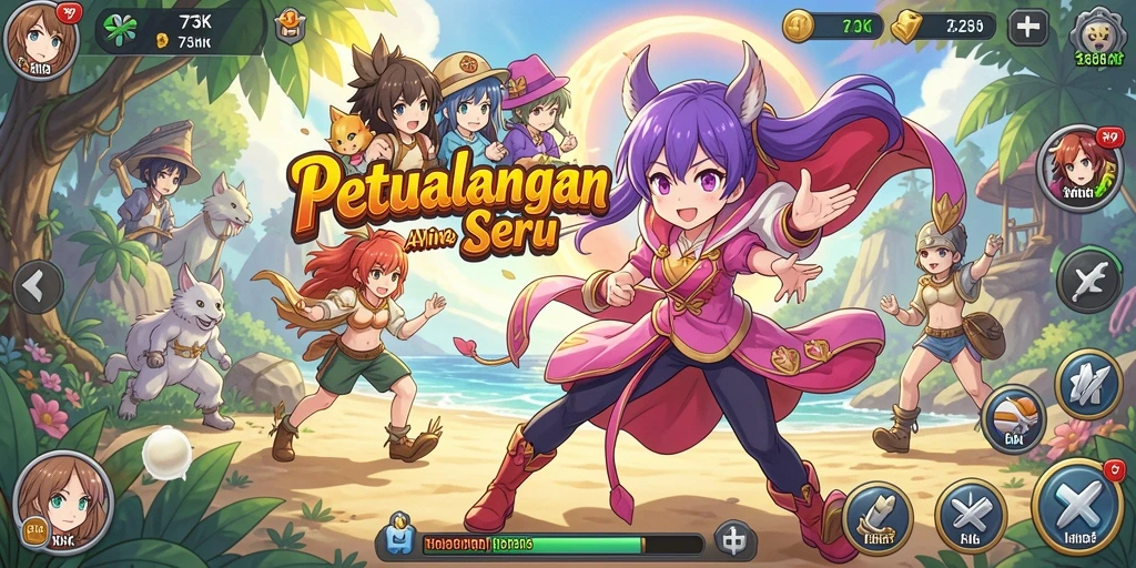 Screenshot utama gameplay 73K menampilkan aksi seru dalam dunia Anime.