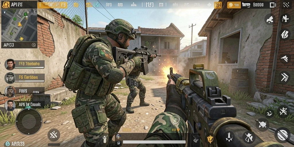 Tampilan gameplay seru API33 dalam pertempuran FPS yang intens.