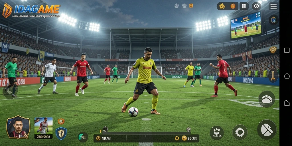 Screenshot gameplay IDAGAME menampilkan aksi sepak bola yang mendebarkan.