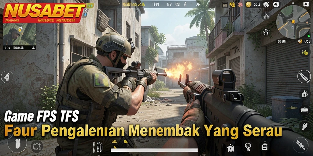 Tampilan layar utama NUSABET dengan aksi gameplay FPS yang mendebarkan.