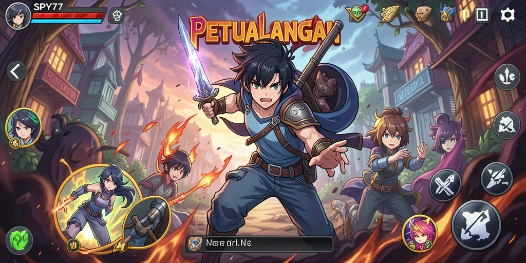 Screenshot dari gameplay SPY77 menampilkan karakter anime dalam pertempuran seru.